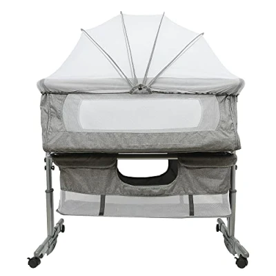 Afbeelding van BBAUER Cododo Babybed, wieg met matras en muggennet, in hoogte verstelbaar, babybed voor baby&#039;s van 1 tot 36 maanden, mobiele babykamer (92 x 58 70 90 cm, donkergrijs)