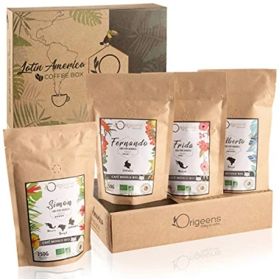 Afbeelding van ORIGEENS biologische koffiekoffer Koffieset 4 x 250 g, ambachtelijke roostering gemalen Arabica koffie cadeau idee