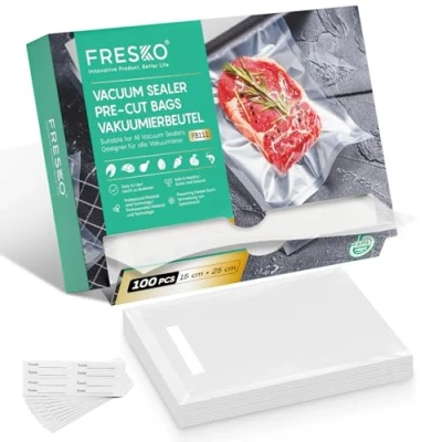 Afbeelding van FRESKO Vacuümzakken voor levensmiddelen, 15 x 25 cm, 100 zakjes, commerciële wafelzakken, BPA vrij, bewaren, invriezen en vacuümkoken, geschikt alle vacuümmachines