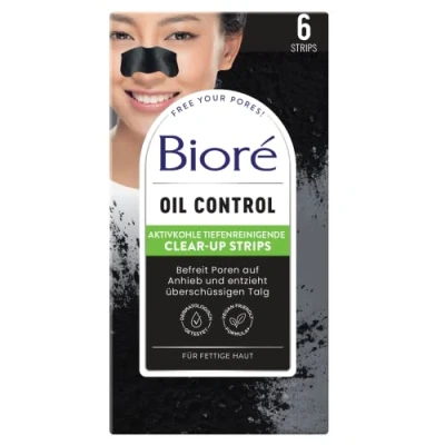 Afbeelding van Biore Clear Up 6 reinigingsstrips met actieve kool, 1 x neusstrips, verwijdert mee eters en onzuiverheden, voor normale tot vette huid, dermatologisch getest
