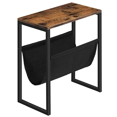 Afbeelding van HOOBRO Bijzettafel, nachtkastje, opbergkast met tijdschriftenhouder van stof en glazen blad, vierkante tafel voor kleine ruimtes, slaapkamer, woonkamer, kantoor, rustiek bruin EUBF66BZ01