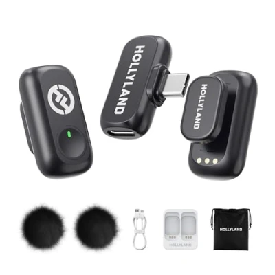 Afbeelding van Hollyland Lark A1 Mini Duo draadloze Lavalier microfoon voor iPhone 15/16 en Android, 48 kHz/24 bits, intelligente 3 traps ruis, YouTube, podcast, vlogging (zwart, 2TX + USB C RX)