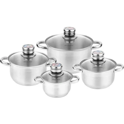 Afbeelding van Florina Pablo professionele 8 delige pannenset RVS met ingebouwde thermometer zilver 1,25L, 1,75L, 2,5L en 4,5L dubbele bodem gehard glazen deksels