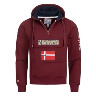 Afbeelding van Geographical Norway hoodie voor heren, halve ritssluiting en heuptas, met lange mouwen, casual productie van BANS vrijetijdskleding, Bordeaux