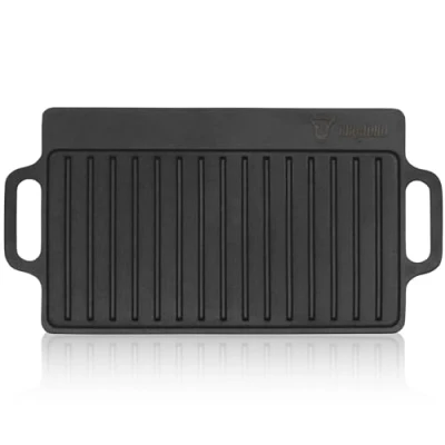 Afbeelding van BBQ Toro Gietijzeren grillplaat met handgrepen, 40 x 20,5 cm, grillpan aan beide zijden bruikbaar, rechthoekig, universeel en massief, voor houtskool gas, accessoires