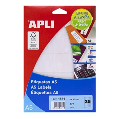 Afbeelding van Apli Witte Etiketten Print &amp; Write Ft 25 X 40 Mm (b H), 375 Stuks, Per Blad (1871) Etiket