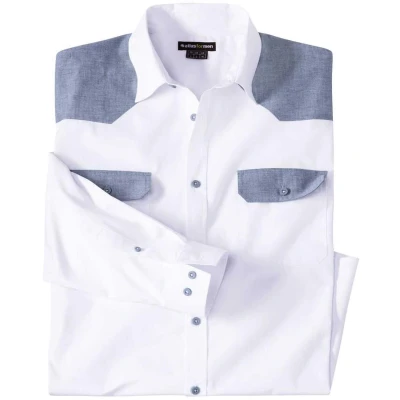 Afbeelding van ATLAS FOR MEN Herenhemd met lange mouwen verkrijgbaar in grote maten van M tot 5XL, Wit blauwe Chambray details