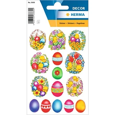 Afbeelding van Herma, Paasdecoraties, Paasetiketten DECOR bloemen en kuikens 3 vellen/verpakking, 45 etiketten/verpakking. (1 x, 84 x 120 mm)