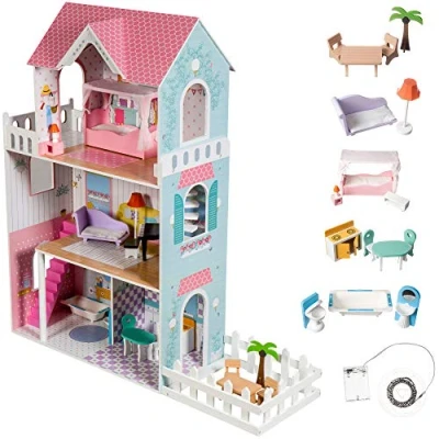 Afbeelding van Houten Poppenhuis Mamabrum met Meubels en accessoires Droomhuis bouwpakket maken poppenhuisinrichting LED verlichting meubeltjes 123 cm hoog pop huis dollhouse diy XXL