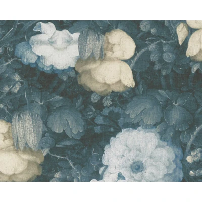 Afbeelding van GROTE BLOEMEN BEHANG Schilderijstijl &quot;Canvaslook&quot; blauw A.S. Création Metropolitan Stories