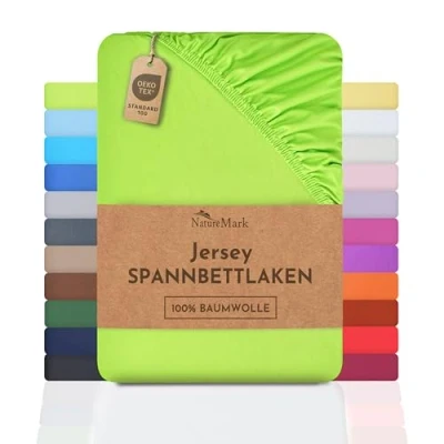 Afbeelding van NatureMark Jersey Hoeslaken, 100% katoen, kwaliteit conform OEKO TEX Standard 100, 90 x 200 cm 100 cm, appelgroen