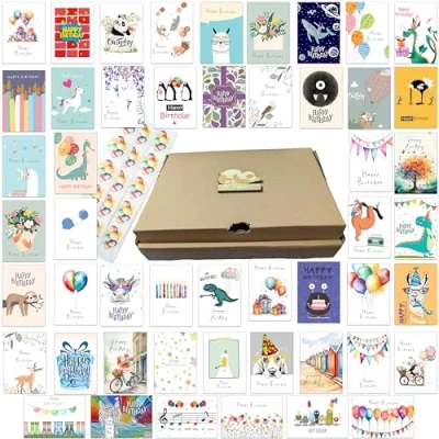 Afbeelding van 50 populaire verjaardagskaarten met stickers en enveloppen van gerecycled papier