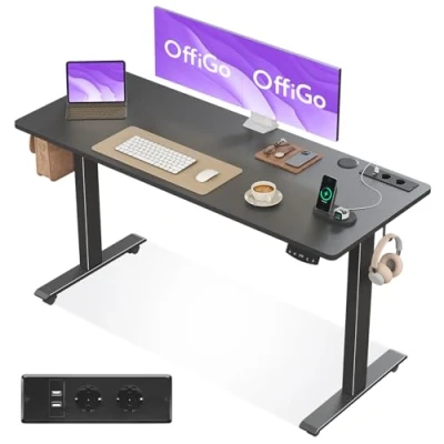 Afbeelding van OffiGo Bureau, zittend, staand, 140 cm, elektrisch zittend bureau met USB poort, stabureau 2 geheugeninstellingen, in hoogte verstelbaar voor kantoor, thuis, spel, zwart