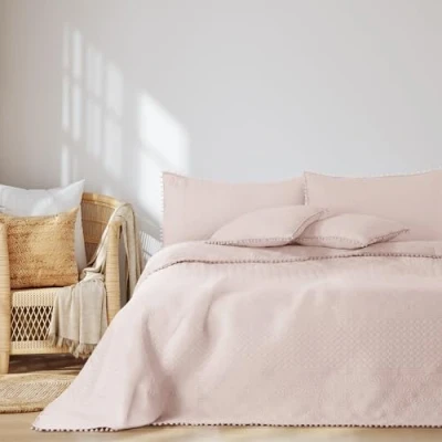 Afbeelding van AmeliaHome Couvre lit avec pompons 220 x 240 cm matelassé ultrasonique Polyester Meadore rose poudré