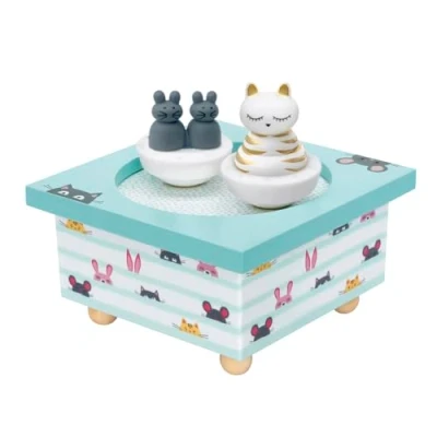 Afbeelding van TROUSSELIER Kat &amp; muis muziekdoos dansen ideaal kraamcadeau 2 afneembare figuren eenvoudige bediening muziek Love Story kleur: blauw