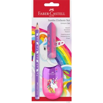 Afbeelding van FABER CASTELL 111528 Eenhoorn schrijfset met jumbopotlood, puntenslijper en gum, schoolset voor kinderen