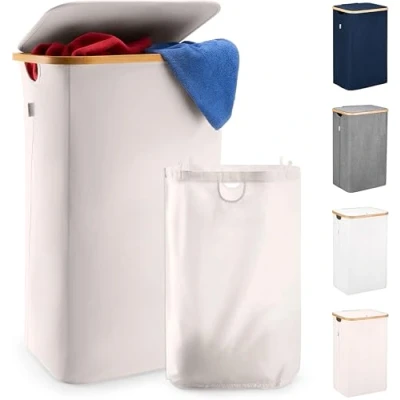 Afbeelding van Lonbet Beige Wasmand met deksel en handgrepen XXL 100 L, grote wasmand, wasbak, Laundry basket