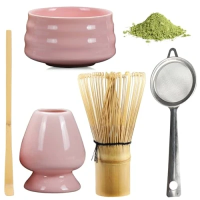 Afbeelding van BAIFULAI matcha theeset, 5 delig, Japanse keramische garde, kom, gardehouder, accessoires voor ceremonie (roze)