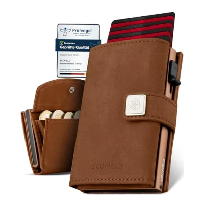 Afbeelding van SF SCOFIELD Trinity Slanke portemonnee met muntvak, creditcardhouder voor heren 10 12 kaarten, RFID bescherming, mannen, smart wallet, Vintage bruin karamel bruin, Modern