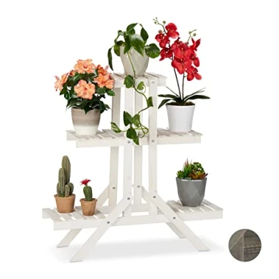 Afbeelding van Relaxdays plantenrek van hout plantentrap bloemenrek etagère 3 etages binnen wit
