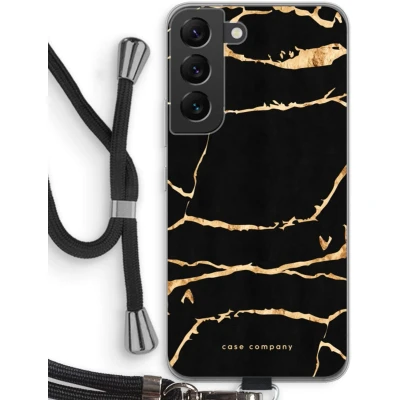 Afbeelding van Case Company® hoesje met Koord geschikt voor Samsung Galaxy S22 Gouden marmer Telefoonhoesje Zwart Bescherming aan alle Kanten en Over de Schermrand