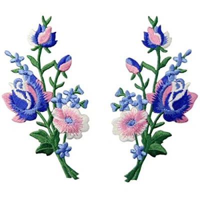 Afbeelding van 2 stuks geborduurde patches om op te strijken of naaien, bloemenboeket, roze/blauw