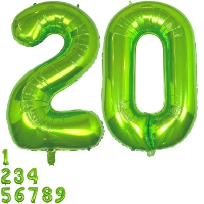 Afbeelding van DIWULI ballon 20e verjaardag XXL groen folieballon 20, cijfers 20 ballonnen jaar decoratie helium party jongens meisjes grote