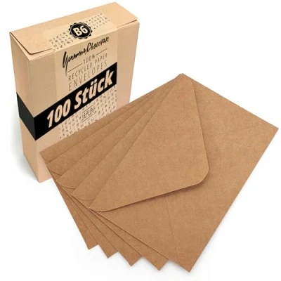 Afbeelding van Japun Enveloppen (100 stuks) van lichtbruin vintage kraftpapier, envelop zonder venster, natte lijm DIN B6 175 x 125 mm