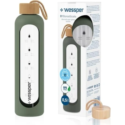 Afbeelding van Wessper Waterfles van glas, glazen fles, 500 ml, Borosilicaat, motiverende drinkfles met bamboe sluiting en siliconen hoes, BPA vrije olijfgroen