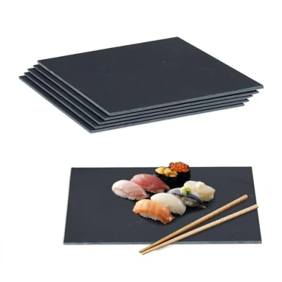 Afbeelding van Relaxdays 6 stuks leisteen dienbladen 40 x 30 cm voor het serveren van kaas en desserts, serveerschaal om te schrijven, antraciet