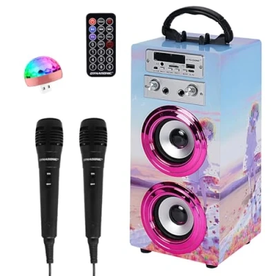 Afbeelding van DYNASONIC karaoke met 2 microfoons, draagbare machine, bluetooth luidspreker en verlichting, USB SD speler, cadeau voor jongens meisjes van 5 tot 13 jaar (model 17)