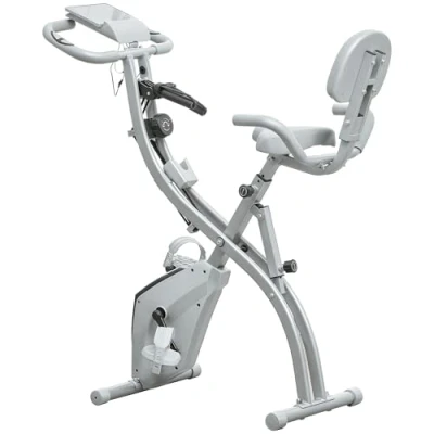 Afbeelding van HOMCOM Hometrainer, opvouwbaar, 8 niveaus, magnetische weerstand, verstelbare zadelrugleuning, ergonomische handgrepen, lcd display, multifunctioneel, ophanging, tablethouder, staal (zilvergrijs)