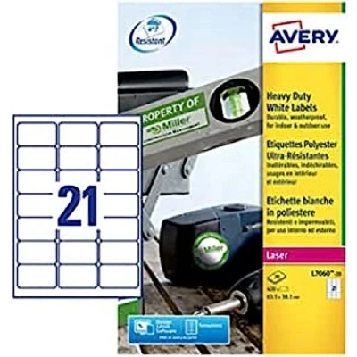 Afbeelding van Avery Ultra sterke Witte Etiketten Ft 63,5 X 38,1 Mm (b H), 420 Stuks, 21 Per Blad Etiket