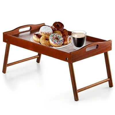 Afbeelding van KADAX Bedtafel, ontbijtdienblad van grenenhout, 19 x 30 50 cm, serveerblad, opklapbaar beddienblad, op bed, bijzettafel (bruin)