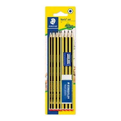 Afbeelding van Staedtler Noris 120, extreem sterke grafietpotloden, 10 stuks HB potloden met Mars kunststof gum en puntenslijper, voor schrijven, tekenen schetsen, 120S1BK10D