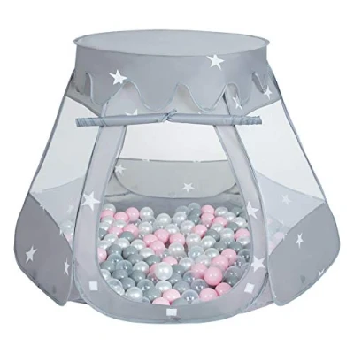 Afbeelding van Selonis Pop Up Speeltent Kasteel Speelhuisje Met Plastic Ballen Voor Kinderen, Grijs:Parel Grijs Transparant Poeder Roze,105X90cm/300