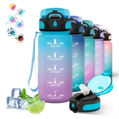 Afbeelding van Gourde Pour enfant de 0,5 l Avec paille Facile à nettoyer marqueur temps Anti fuite l&#039;école, le bureau, camping, la course Bleu/violet