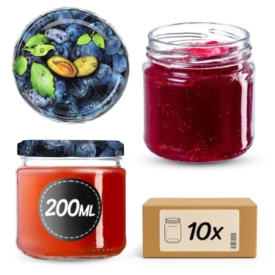 Afbeelding van KADAX kleine inmaakpotten, 200 ml, jampotten, diameter 66 mm, potten voor honing en specerijen, luchtdichte potten, weckpotten, ronde (10 stuks, pruimen)