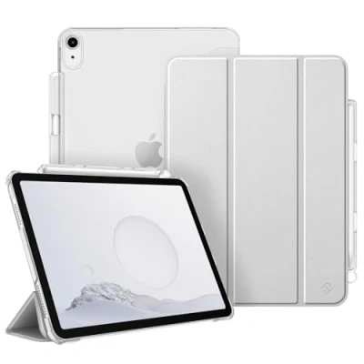 Afbeelding van Fintie Hoes voor iPad Air 4.Generatie 2020 10.9&quot; met Pen houder (Ondersteunt 2e generatie potlood, draadloze oplaadfunctie) Ultradun Case Cover Transparante Achterkant, Auto Wekken/Slapen, Zilver