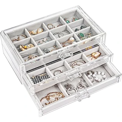Afbeelding van ProCase Oorbelopbergdoos met 3 laden, stapelbare sieradenstandaard van transparant acryl verstelbare dienbladen voor dames op commode, grijs, lagen