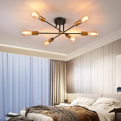 Afbeelding van ANWIO Goudkleurige schroefkroonluchter, 6 arm hanglamp met E27 stekker voor keuken, woonkamer, slaapkamer, eetkamer, hal, magazijn (zonder lampen)