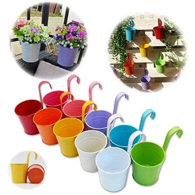 Afbeelding van GIOVARA set van 10 bloempotten om op te hangen, metaal, met afvoergat, afneembare haken, verschillende kleuren.