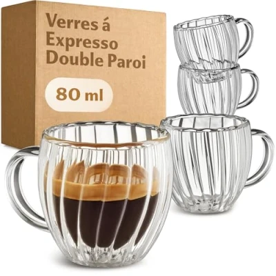 Afbeelding van Cosumy Espressobeker, dubbelwandig, 80 ml, set van 4 kopjes met handvat, elegant golvend design zweefeffect, vaatwasmachinebestendig