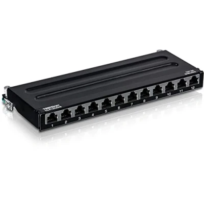 Afbeelding van TRENDnet Cat6A 12 poorts afgeschermd patchpaneel, compatibel met Cat5e, Cat6, Cat6A, metalen behuizing, kleurgecodeerde etikettering voor T568A en T568B bedrading, kabelmanagement, wandmontage