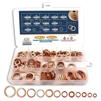 Afbeelding van DIYoung Assortiment van 320 koperen afdichtingen, ring, sluitring voor auto bootmotor (M5 M6 M8 M10 M12 M14 M16 M20)