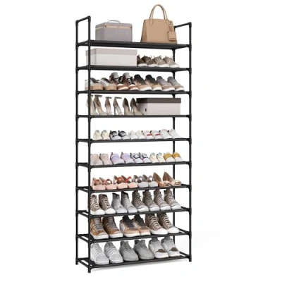 Afbeelding van SONGMICS Schoenenrek, 10 niveaus, dunne opslag, 28 x 83 173 cm, metalen frame, vliesplanken, voor hal, slaapkamer, zwart LSH110BH01
