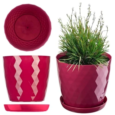 Afbeelding van KADAX Elegante bloempot, plantenpot met schotel, ronde bloempot van kunststof, voor bloemen, binnen