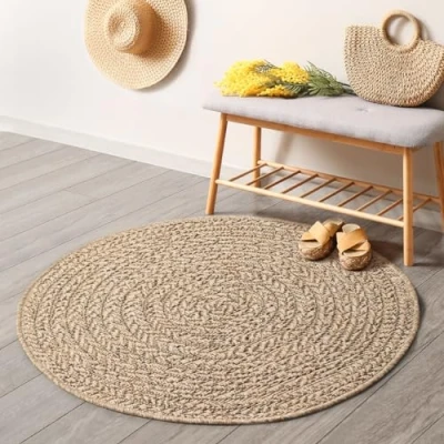 Afbeelding van the carpet Kansas Robuust buitentapijt in natuurlijke jute look, weerbestendig, geschikt voor terras en tuin, rond, 80 cm