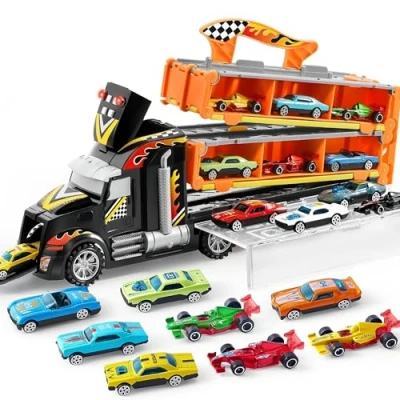 Afbeelding van JOYIN Transporter Truck Toys voor kinderen, 12 voertuigen, speelgoed van gegoten metaal met 2 launchers, auto, race, straat, opvouwbaar, lichten en geluiden als cadeau jongens vanaf 3 jaar