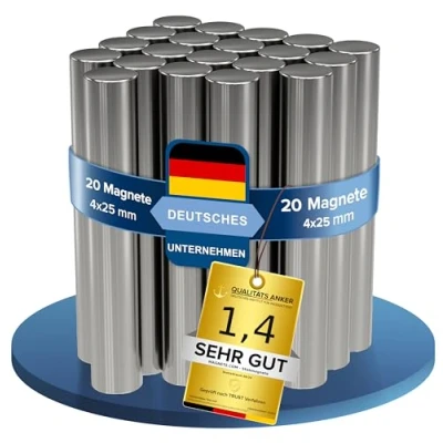 Afbeelding van Neodymium magneten, 20 stuks, zilver, extra sterk, diameter 4 x 25 mm, sterke hechtkracht: ca. 0,8 kg, magneten voor whiteboard, prikbord, bord